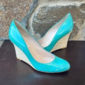 L.K. Bennett London Teal Patent Leather Woven Jute Wedge Heels – Size 38